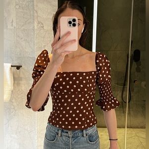 Brown and white polka dot Reformation top